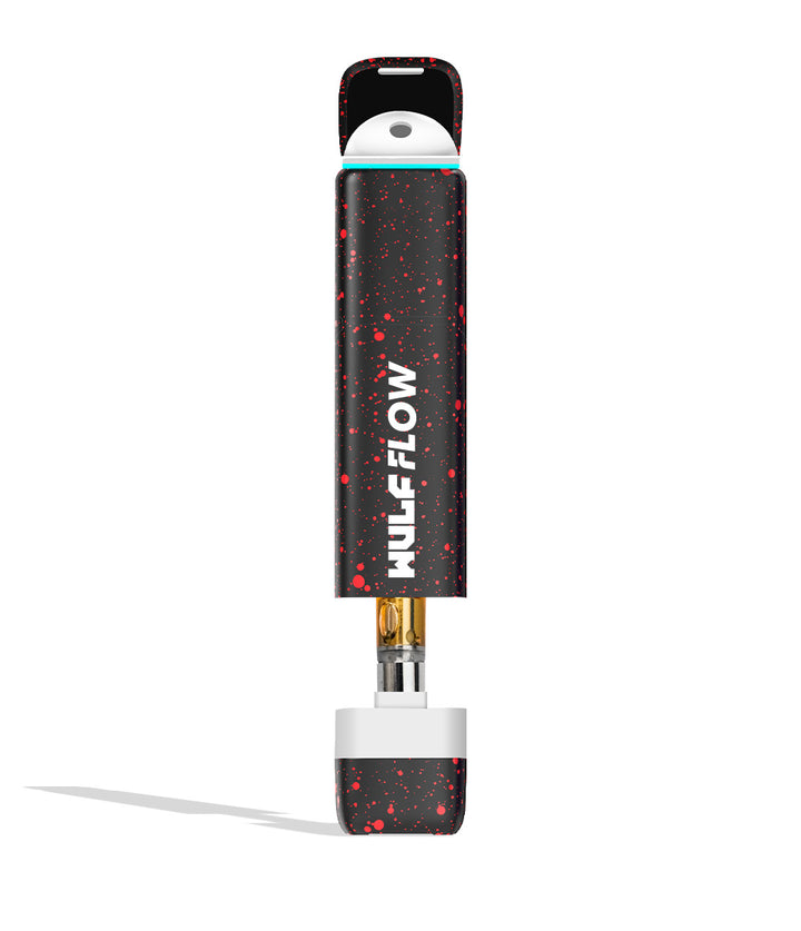 Black Red Spatter Wulf Mods Flow Auto Flow 510 Voltage Battery front view with cart showing on white background