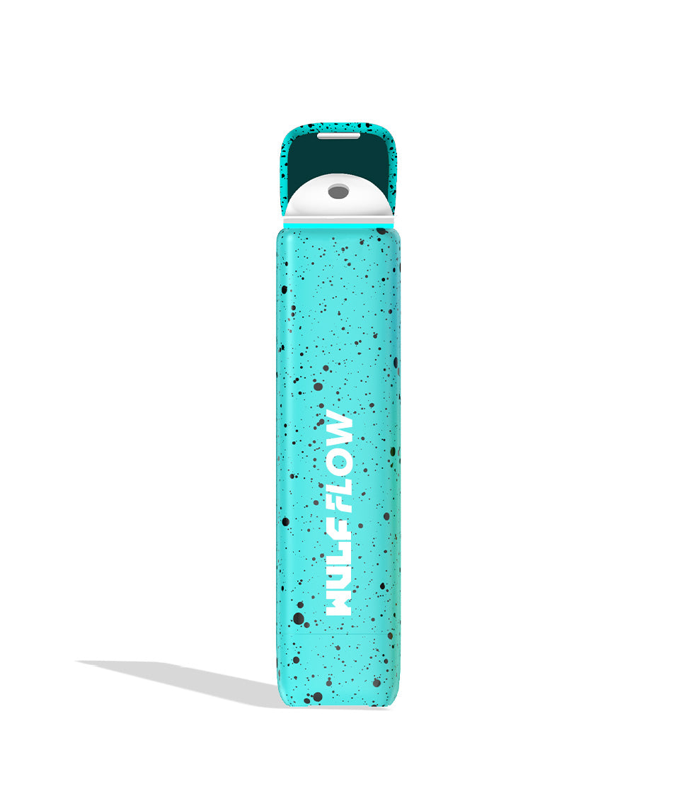 Teal Black Spatter Wulf Mods Flow Auto Flow 510 Voltage Battery open lid on white background