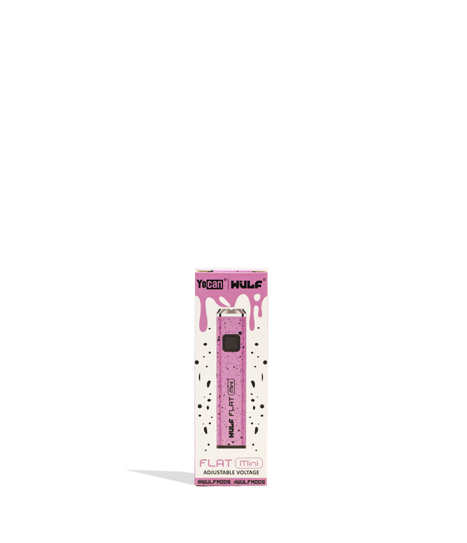 Pink Black Spatter Wulf Mods Flat Mini Cartridge Battery Packaging Front View on White Background