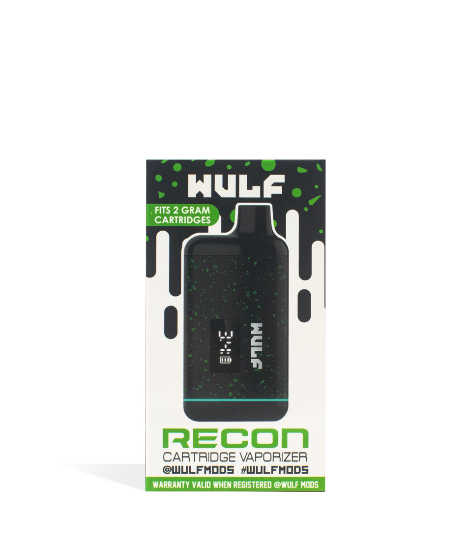 Black-Green Spatter Packaging Wulf Mods Recon Cartridge Vaporizer on white background