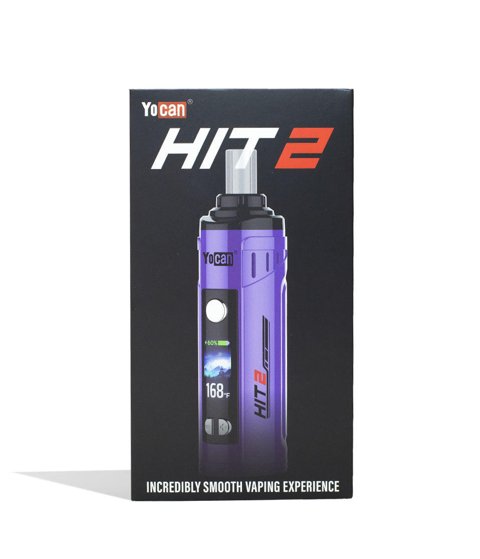 Purple Yocan HIT 2 Dry Herb Vaporizer Packaging Front View on White Background